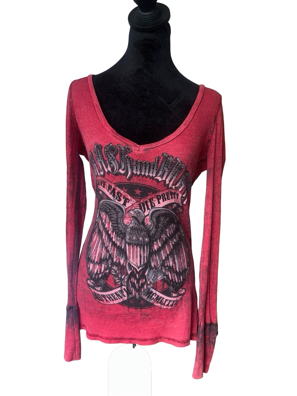 Y2K by Crash n burn waffle knit long sleeve Rhinestone Eagle Graphic Sz L